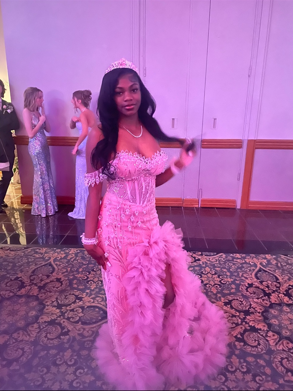 Pink Feathered Off-Shoulder Prom Gown
